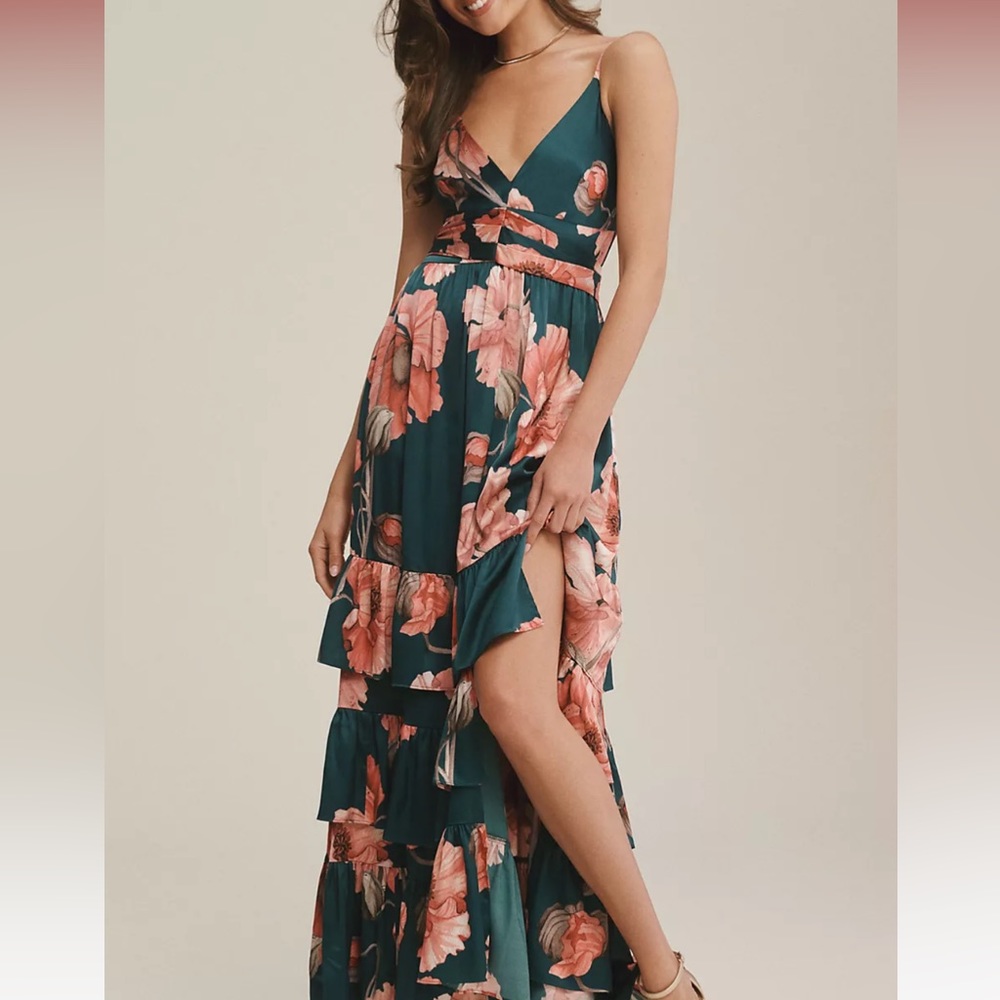 Hutch Guthrie Sleeveless Floral V-Neck Side-Slit Satin Maxi Dress